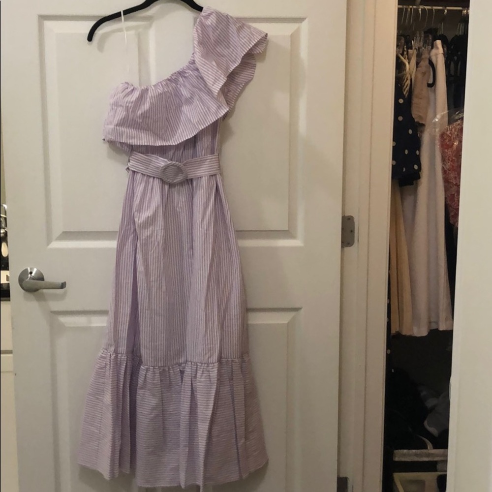 Mango purple striped one shoulder ruffle dress